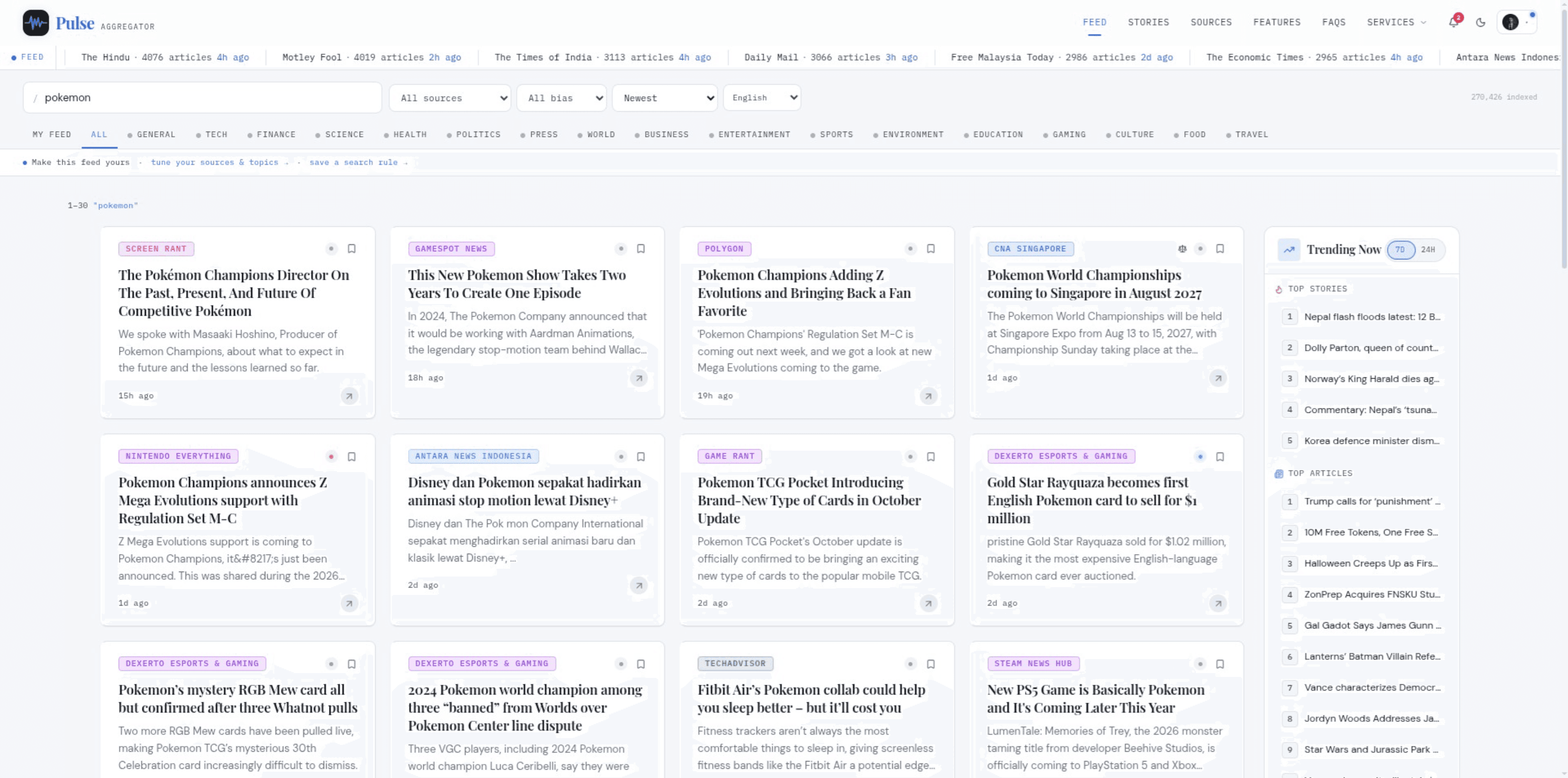 Pulse Aggregator dashboard — live news feed with bias analysis and source filtering
